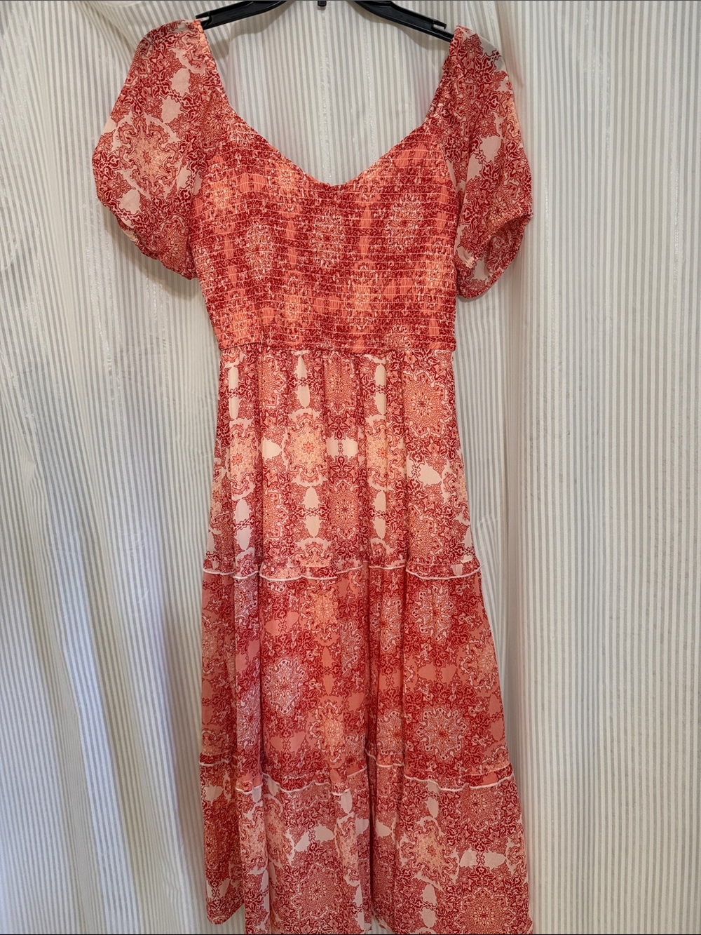 Red Paisley Tiered Midi Dress - Women